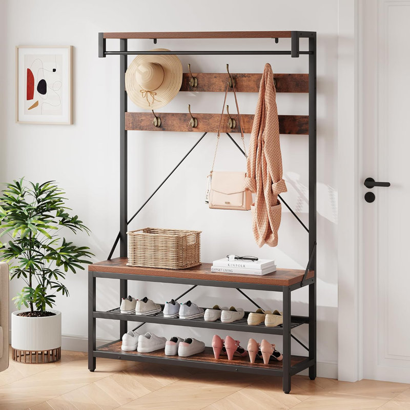 17 Stories Coat Rack Shoe Bench Industrial Hall Tree Storage Bench Wayfair
